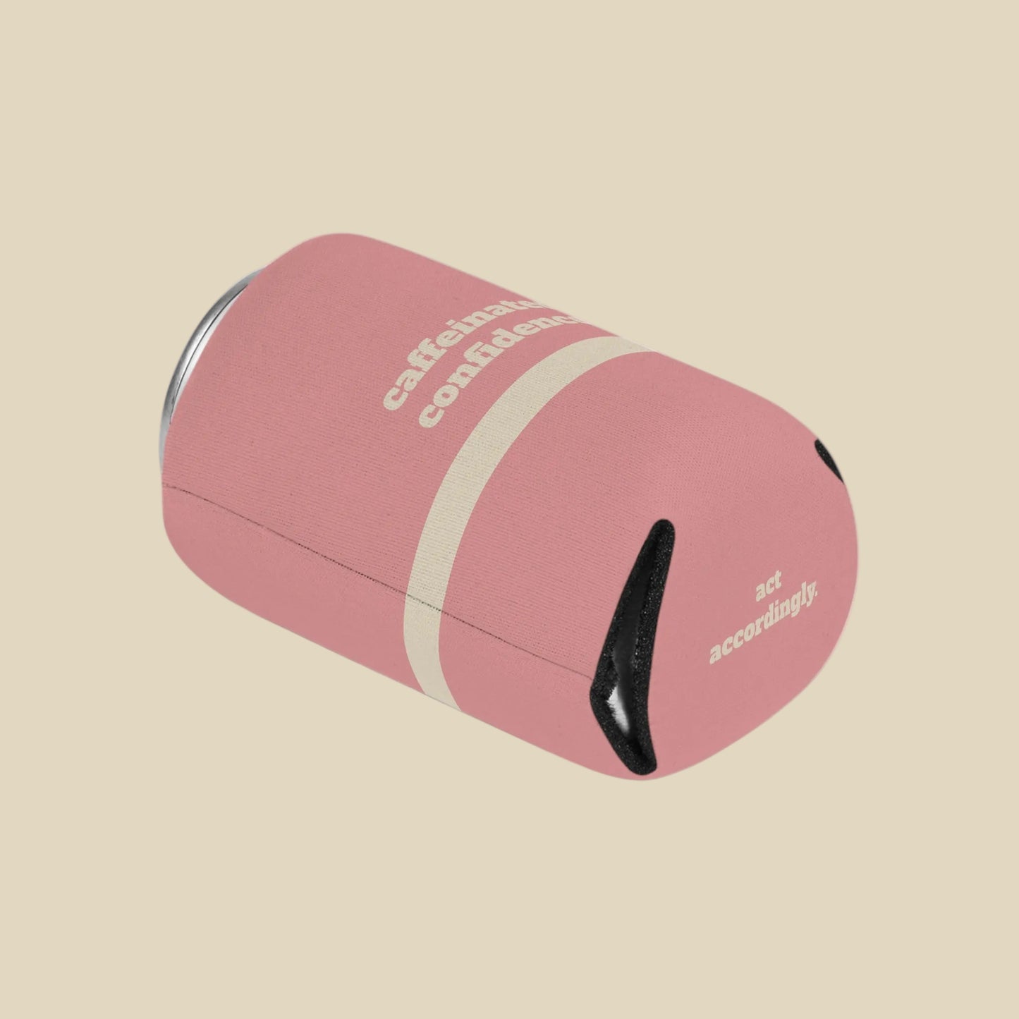 A pink beverage can cooler sleeve with a cream stripe and white text, shown on a white background.