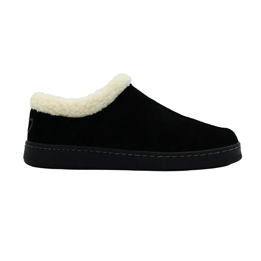 Black slip-on shoe with white fur lining on a light gray background