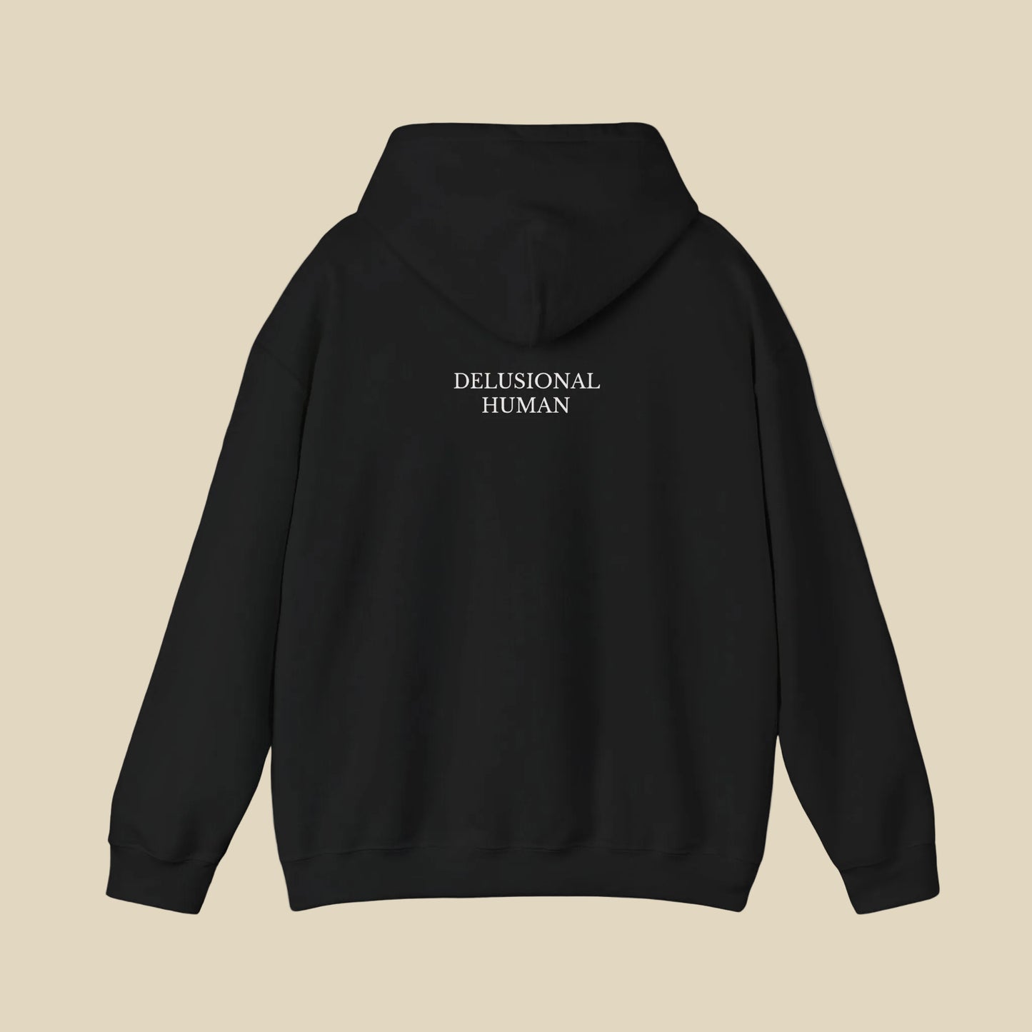 Black hoodie with ' text on the back against a white background