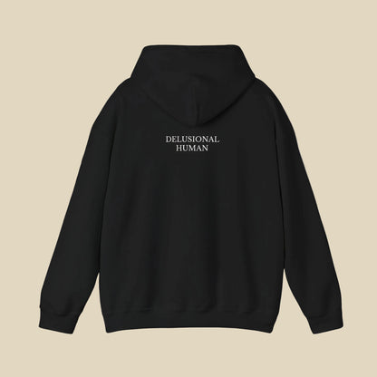 Black hoodie with ' text on the back against a white background