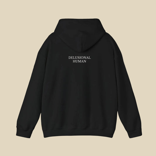 Black hoodie with ' text on the back against a white background