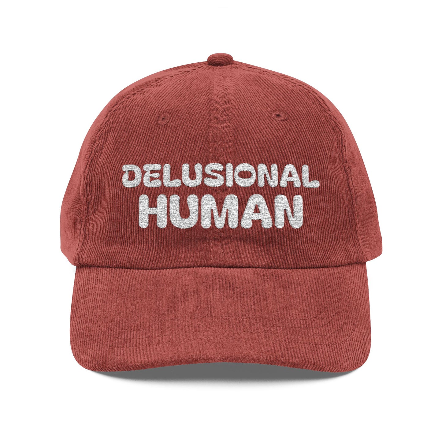 Red cap with 'DELUSIONAL HUMAN' text on a white background
